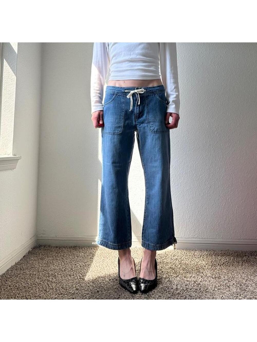 Vintage authentic rare y2k low rise wide leg flare cropped cargo denim jeans